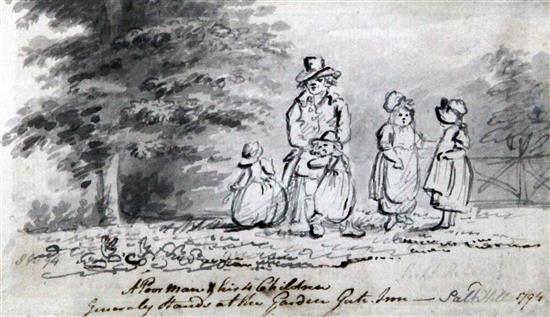 John Nixon (c.1750-1818) A poor man and his children, Salt Hill 1794, 3.5 x 6in.